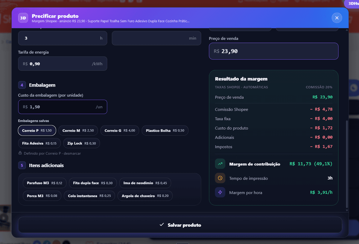 Modal Precificar produto na Shopee com custo e margem preenchidos