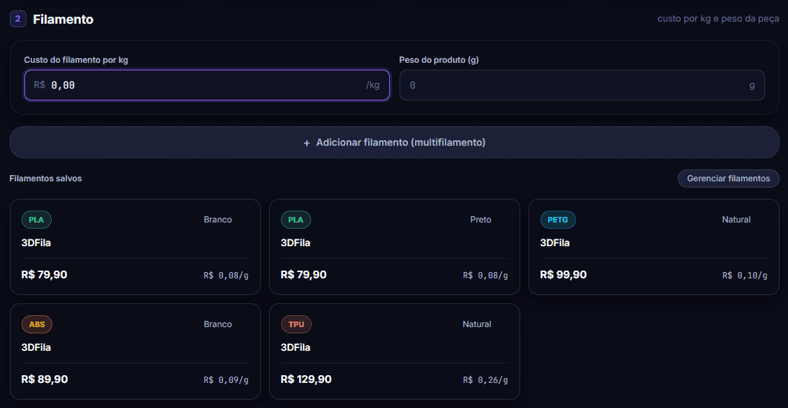 Filamentos salvos com preços reais